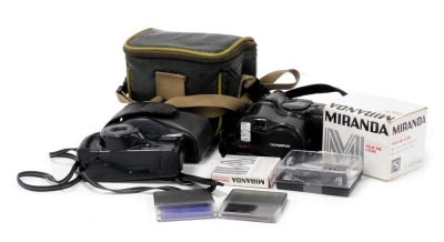 A Yashica Zoomtec 90 Super camera, Olympus Zoom AF AZ-330 camera, Miranda 24mm F2.8MC lens, and other camera accessories. (qty)