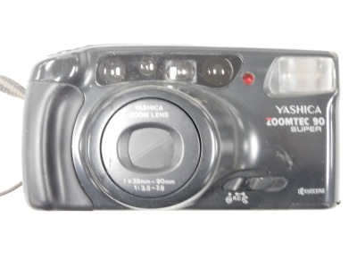 A Yashica Zoomtec 90 Super camera, Olympus Zoom AF AZ-330 camera, Miranda 24mm F2.8MC lens, and other camera accessories. (qty) - 2