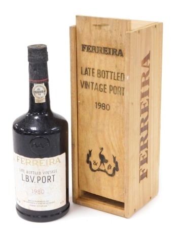 A bottle of Ferreira late bottled vintage port 1980, cased.