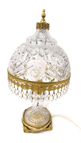 A Victorian style brass and fret glass table lamp, with brilliant cut drops, 53cm high.