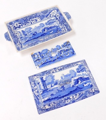 An early 20thC Copeland Spode's Italian pattern blue and white pottery dish, cover and drainer, printed and impressed marks, 33cm wide. (AF) - 2