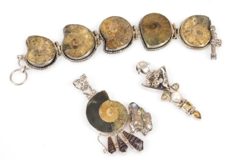 A silver and ammonite set five link bracelet, on a ring and bar clasp, an ammonite, blister pearl and shell set silver pendant and a stone set hard stone, cultured pearl and yellow stone set pendant. (3)