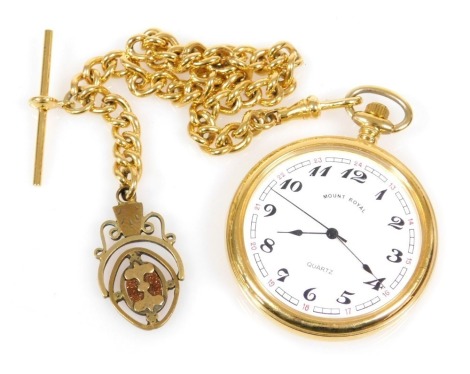 A Mount Royal gentleman's gold plate pocket watch, circular enamel dial bearing Arabic numerals, centre seconds, quartz movement, in a plain case, on an Albert chain with swivel medallion.