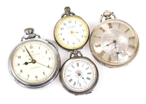 A Victorian gentleman's silver plated cased pocket watch, open faced, key wind, circular dial bearing Roman numerals, subsidiary seconds dial, the case with monogram engraving, together with a Victorian lady's silver cased pocket watch, floral decorated e