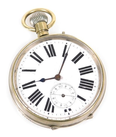 An early 20thC gentleman's oversized goliath silver plated pocket watch, open face, keyless wind, circular enamel dial bearing Roman numerals, subsidiary seconds dial, the case of plain form.