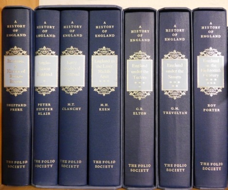 Frere (Sheppard et al). Britannia: A History of Roman Britain, and six further volumes from the History of England series, tooled blue cloth with seven slipcases, published by the Folio Society.