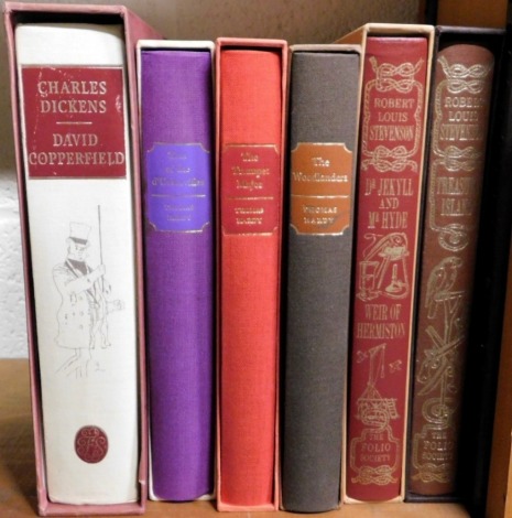 Books. Folio Society, comprising Dickens (Charles) David Copperfield, Hardy (Thomas) Tess of the d'Urbervilles, The Trumpet Major, The Woodlander, Stevenson (Robert Louis) Dr Jekyll and Mr Hyde, and Treasure Island, in slipcases. (6)