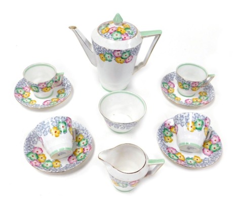 An early 20thC Bell China porcelain part coffee service, decorated with flowers, printed marks, comprising coffee pot, cream jug and sugar bowl, four coffee cups and saucers.