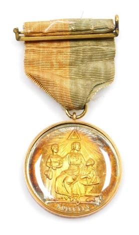 A Victorian Masonic jewel, 1830, the obverse with figures, reverse "Honorable Testimonial of Masonic Charity & Benevolence Instituted by HRH Aug. Fred:Duke of Sussex, MW Grand Master", with and outer band engraved to Brother R E Fairclough, served as stew