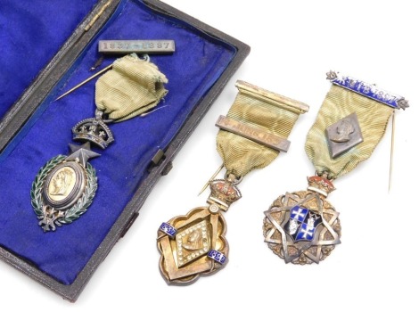 Two Victorian Masonic jewels, to commemorate the golden and diamond jubilees of Her Majesty Queen Victoria, and an RMIB diamond jubilee silver and enamel jewel 1897. (3)