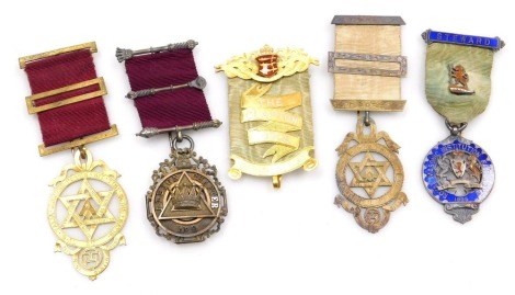 Six Victorian Masonic jewels, some silver, and enamel, including an Albion chapter jewel 1899, together with a Royal Masonic Institution for Boys jewel 1895, Clapton lodge ribbon and adornment, and two further jewels. (5)