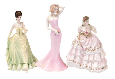 A Coalport porcelain figure modelled as With Love, another figure of Eleanor, Silhouettes series and a Royal Worcester figure, limited edition modelled as the Fairest Rose, for Compton and Woodhouse. (3)