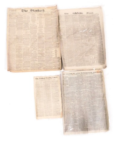 Georgian and later newspapers, comprising The Edinburgh Evening Courant, Wednesday August 5 1761, The Salisbury and Winchester Journal, Monday August 5 1811, The Times, London May August 5 1861, and The Standard, London Saturday August 5 1911. (4)