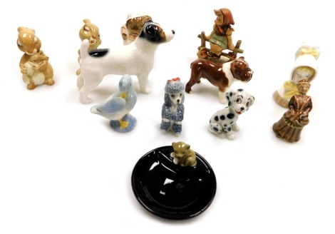 A Royal Worcester porcelain candle snuffer, modelled as Young Girl, Beswick Beatrix Potter figure modelled as Mrs Tiggy-Winkle, brown mark, Beswick figure of a bulldog "Bosun", Wade figures of Simon and Fifi, Beswick rabbits, etc. (qty)