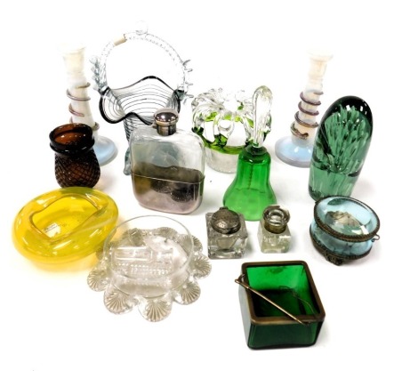 A group of Victorian and later glassware, including a turquoise glass basket, green dump paperweight, pair of Vaseline glass candlesticks, 18.5cm high, and a Stourbridge glass crown top brides bank posy vase.