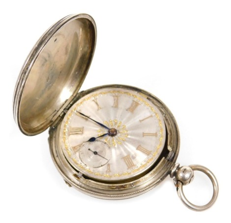 A Victorian silver gentleman's hunter pocket watch, key wind, silver dial bearing Roman numerals, subsidiary seconds dial, fusee movement by F Harris of Wolverhampton, number 23794, the case with engine turned decoration, vacant shield and garter reserve,