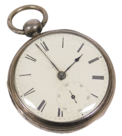 A William IV silver gentleman's pocket watch, open faced, key wind, circular enamel dial bearing Roman numerals, subsidiary seconds dial, fusee movement, the case with engine turned decoration, London 1836.