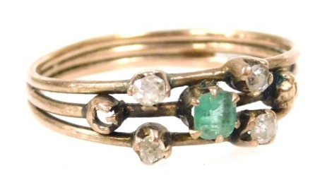 An early 19thC emerald and diamond five stone ring, set in a rose metal triple band, size K, 1.6g all in.