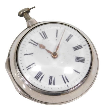 A George III silver pair cased pocket watch, open faced, key wind, circular enamel dial bearing Roman numerals, fusee movement by Jno. Hebden of London, number 5388. the case and outer case of plain form, London 1794.