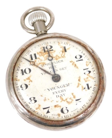 An early 20thC advertising pocket watch for William Younger and Company brewers, for their jubilee year 1935, stainless steel case, open face, keyless wind, circular dial bearing Arabic numerals and "time flies, but you can get 'younger' every day".