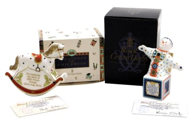 A Royal Crown Derby Royal Baby Rocking Horse, to celebrate the birth of His Royal Highness Prince George of Cambridge, 22nd July 2013, limited edition 422/750, and Christening Jack in the Box, to celebrate the christening of HRH Prince George Alexander Lo