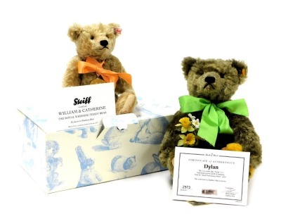 A Steiff William and Catherine The Royal Wedding Teddy bear, exclusive to Danbury Mint, limited edition 2011, boxed with certificate, together with a Teddy bear modelled as Dylan from the Four Seasons bear series, number 2973, with certificate. (2)