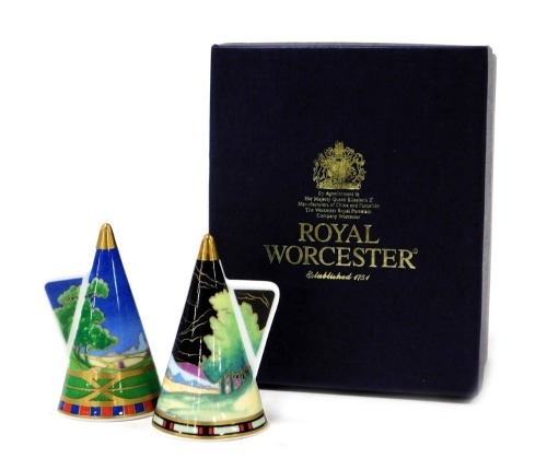 A pair of Royal Worcester Connoisseur collection porcelain candle snuffers, decorated in the Lazy Days, and Blue Lagoon patterns, commemorating the 250th anniversary of Royal Worcester 1751-2001, boxed.