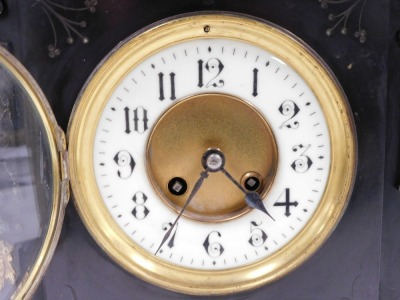 A late 19thC slate mantel clock, circular brass dial with enamel chapter ring bearing Arabic numerals, eight day movement with coil strike, the case of architectural form, with pendulum and key, 43cm high, 35cm wide. - 2