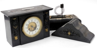 A late 19thC slate mantel clock, circular brass dial with enamel chapter ring bearing Arabic numerals, eight day movement with coil strike, the case of architectural form, with pendulum and key, 43cm high, 35cm wide. - 3