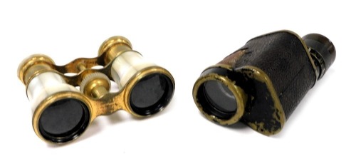 A pair of brass and mother of pearl bound opera glasses, together with a Monocular, Prizmatic number 1a mark II, number 1058, a A-A 1934. (2)