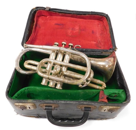 A Boosey & Hawkes silver plated imperial cornet, serial number 182855, mouthpiece lacking, cased.