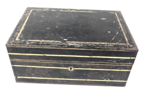 A Victorian cast iron and brass bound stationery box, of rectangular section, with a hinged lid opening to reveal a blue painted fitted interior, the lock plate stamped Hobbs and Company London, with recess brass carrying handles, 18cm high, 41cm wide, 28