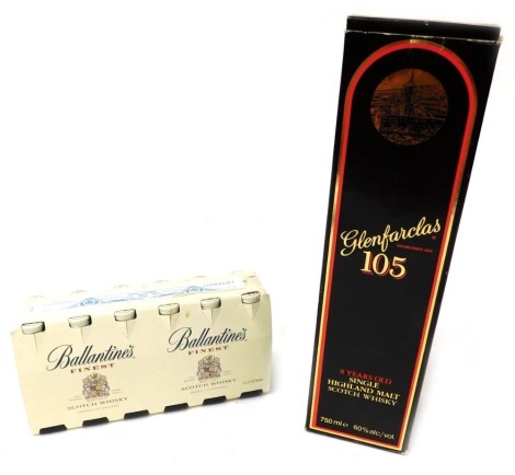 A bottle of Glenfarclas 105 highland malt scotch whisky, 8 years old, 750ml, boxed, together with twelve miniature bottles of Ballantine's finest scotch whisky.