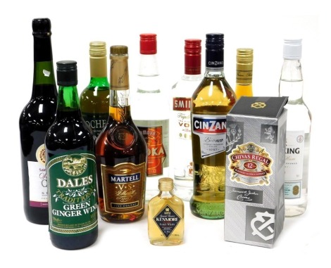 A bottle of Shivas regal blended scotch whisky, aged 12 years, 35cl, bottle of Martell VS cognac, Smirnoff and Tamova vodka, and other spirits. (qty)