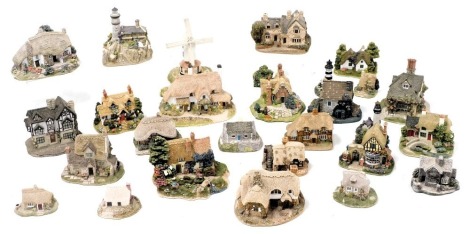 A group of Lilliput Lane and other sculptures, including Periwinkle Cottage, Old Mother Hubbard's, Chiltern Mill, Lundy Lighthouse, Summer Days, and Moreton Manor. (qty)