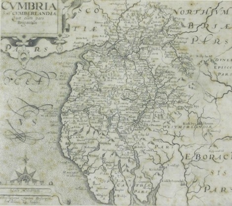 After Willem Kip (17thC). Cumbria map, black and white engraving 28cm x 32cm.