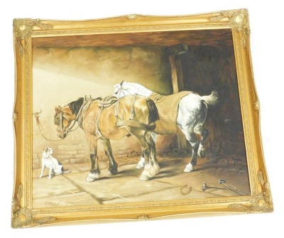 T Reed (British, 20thC). Stabled Horses and a Terrier, oil on canvas, signed, 49cm x 59cm. - 2