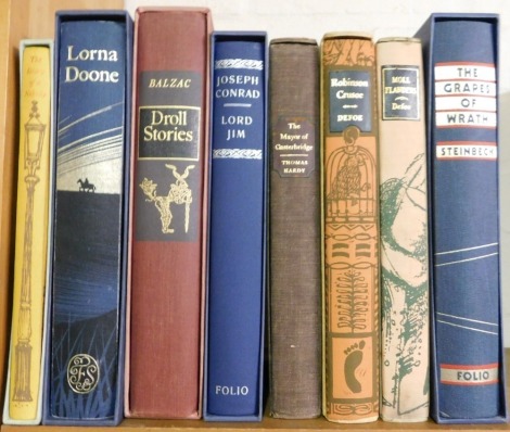 Books. Folio Society, comprising Steinbeck, The Grapes of Wrath, Defoe (Daniel) Moll Flanders, and Robinson Crusoe, Hardy (Thomas) The Mayor of Casterbridge, Conrad (Joseph) Lord Jim, Balzac, Droll Stories, Lorna Doone and the Diary of a Nobody, all with 