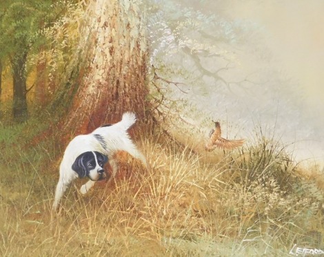 Leiford (Late 20thC). Woodland scene with hunting dog and game bird, oil on canvas, signed, 39cm x 49.5cm.