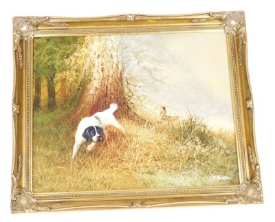 Leiford (Late 20thC). Woodland scene with hunting dog and game bird, oil on canvas, signed, 39cm x 49.5cm. - 2