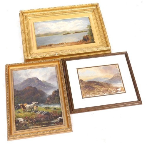 English School (19thC). Seascape with mountain beyond, oil on canvas, 19.5cm x 35cm, together with highland landscape with cattle, oil on canvas, signed indistinctly, 34cm x 24cm, and a moorland landscape, watercolour, signed indistinctly, 17cm x 23.5cm.