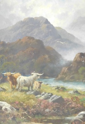 English School (19thC). Seascape with mountain beyond, oil on canvas, 19.5cm x 35cm, together with highland landscape with cattle, oil on canvas, signed indistinctly, 34cm x 24cm, and a moorland landscape, watercolour, signed indistinctly, 17cm x 23.5cm. - 2