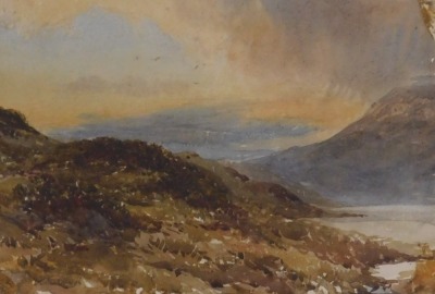 English School (19thC). Seascape with mountain beyond, oil on canvas, 19.5cm x 35cm, together with highland landscape with cattle, oil on canvas, signed indistinctly, 34cm x 24cm, and a moorland landscape, watercolour, signed indistinctly, 17cm x 23.5cm. - 4