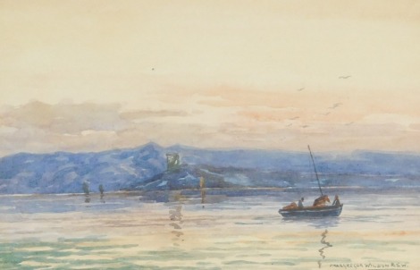 Peter McGregor Wilson RSA, RSW (Scottish, 1856-1928). Landscape with figures on a boat on a loch, watercolour, signed, 20cm x 30cm.