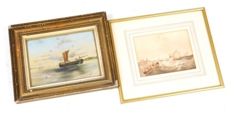 L Burgis (British, early 20thC). Coastal scene with sailing ships and a fishing boat, gouache, signed, dated 190*, 17.5cm x 24cm, together with a 19thC watercolour boats on choppy seas, 15cm x 20cm. (2)