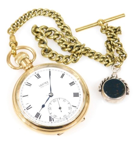 A Vertex Revue gentleman's gold plated pocket watch, open faced, keyless wind, circular enamel dial bearing Roman numerals, subsidiary seconds dial, the cuvette engraved "B.R. Southern Region, H C Colman, in appreciation of 45 years service", in a plain c