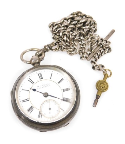 An Edward VII silver cased gentleman's pocket watch, open face, key wind, circular enamel dial bearing Roman numerals, subsidiary seconds dial, by H Samuel of Manchester, movement number 748089, the cuvette presentation engraved, case with engine turned d