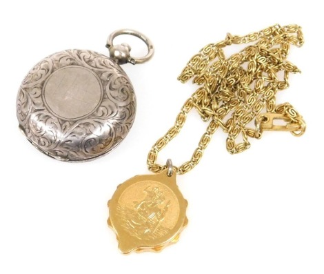 A St Christopher talisman pendant, on a plated fancy link neck chain, together with a Victorian silver sovereign holder with engraved foliate decoration, vacant circular reserve, Chester 1900, 0.96oz.