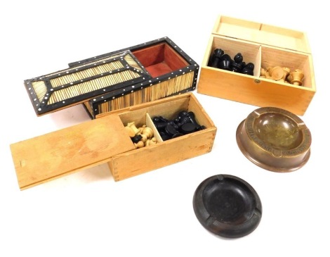 An early 20thC advertising brass ashtray, for Victor Blagdon and Company Ltd London, producer of tar, ammona, cyanogeon and wood products, two Staunton type chess sets, Lignum Vitae ashtray, and a porcupine and ebony box. (5)