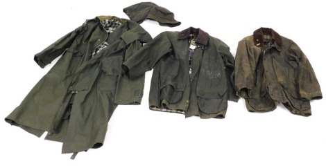 Two Barbour Beaufort jackets, size 38, Barbour hat, and a detachable coat hood, and Blue Ribband green wax jacket, size small. (5)